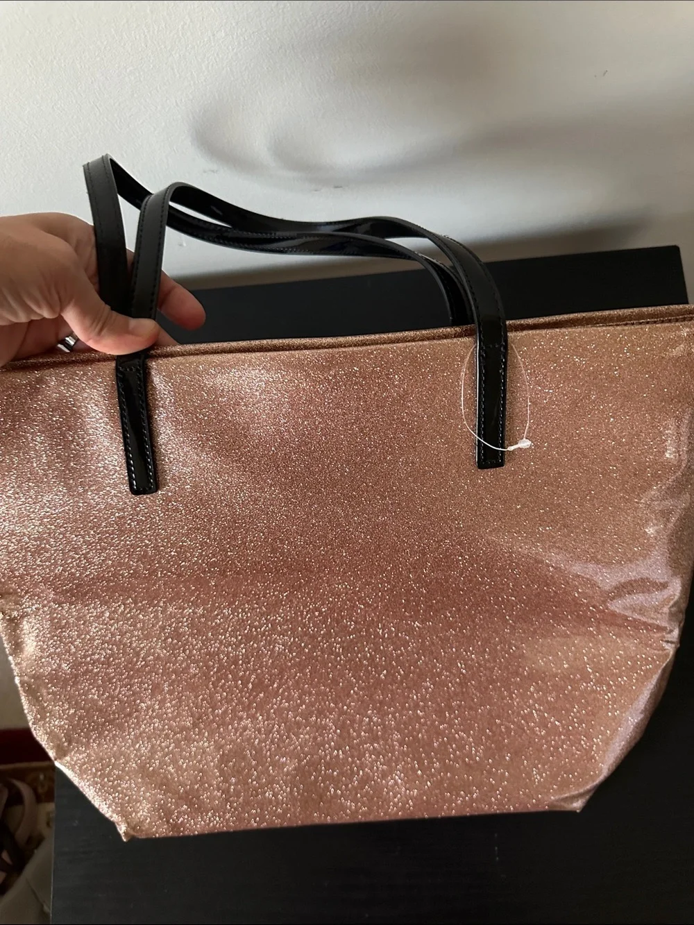 kate spade Rose Gold Glitter Tote with Black Handles